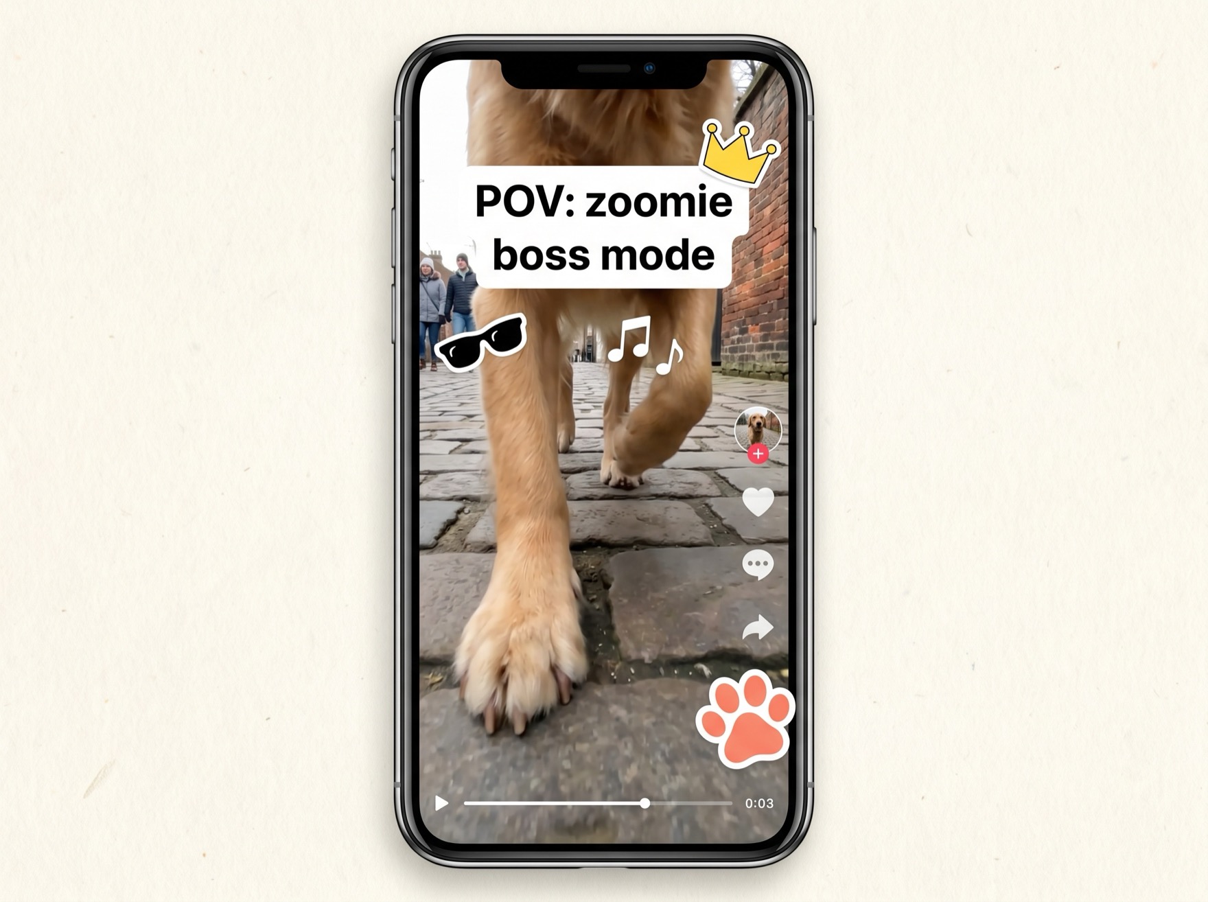 A phone showing a dog-POV recap with auto-added captions, music, and stickers ready to post